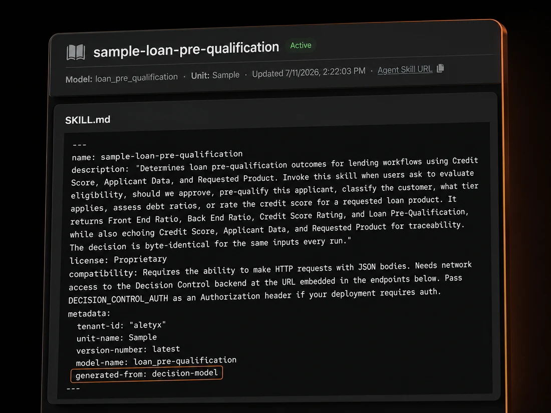 Active Agent Skill URL and generated SKILL.md for the loan pre-qualification decision