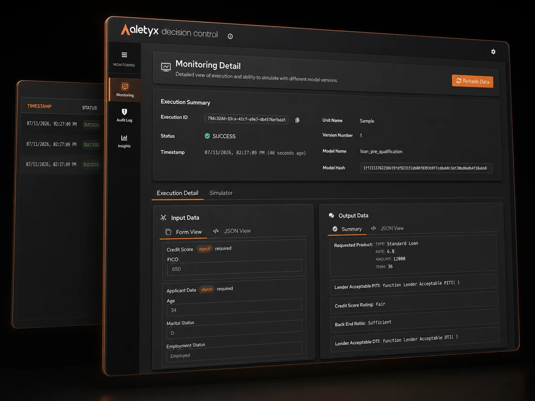 Decision Control monitoring detail layered over a successful execution list