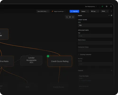 Decision Control integrated decision runner showing live test inputs and outputs