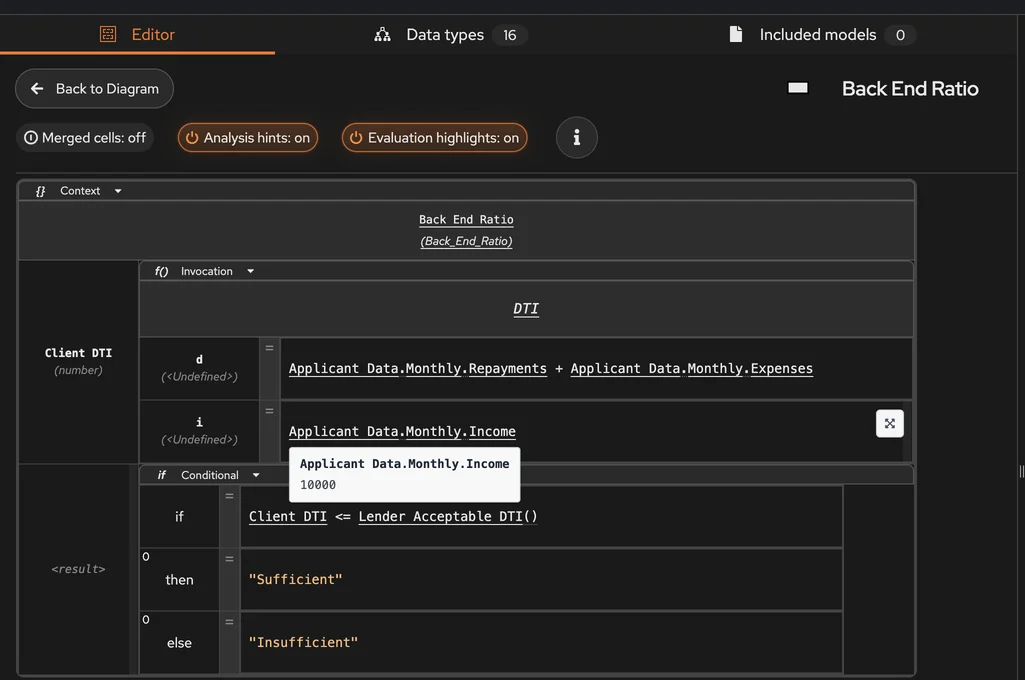Decision Control showing the live value 10000 over the evaluated monthly-income expression