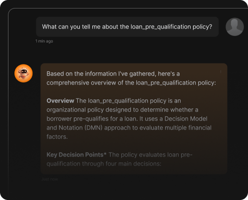 Decision Control MCP integration showing AI agent querying a loan pre-qualification policy
