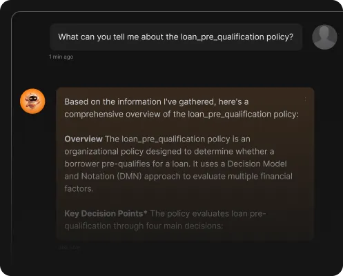 Decision Control MCP integration showing AI agent querying a loan pre-qualification policy