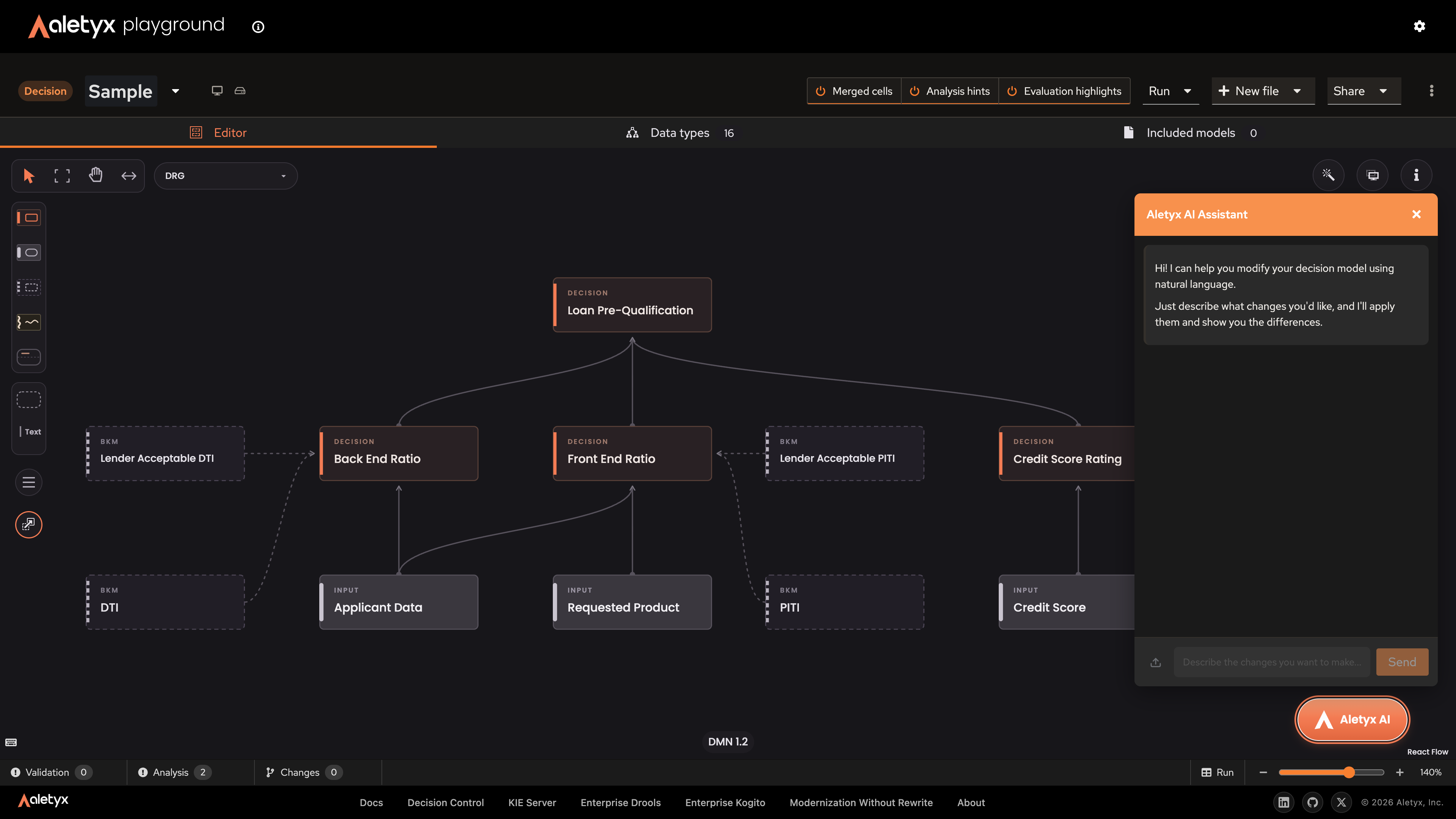 Aletyx Playground with a loan pre-qualification decision model and the integrated AI Assistant open